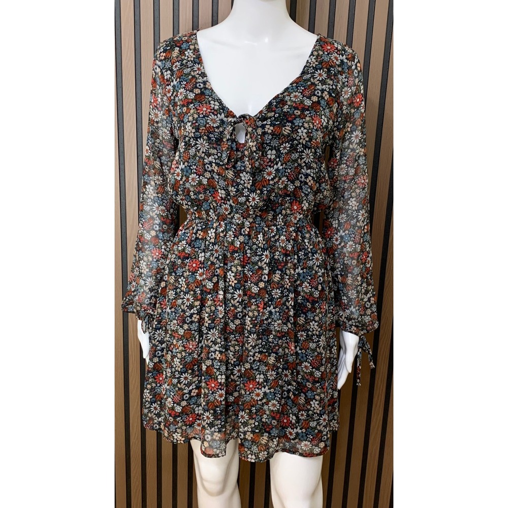 Abercrombie & Fitch Floral Long Sleeve Mini Dress V-Neck Tie Front Navy Blue M